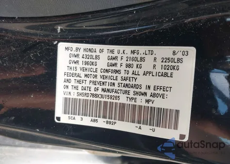 2003 Honda Cr-V Ex from USA, damaged, VIN SHSRD788X3U159265